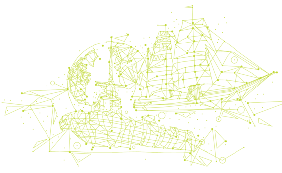 Titelbild des Logbuchs Nachhaltigkeit, schematische Darstellung eines Segelschiffes und des Klimahauses Bremerhaven