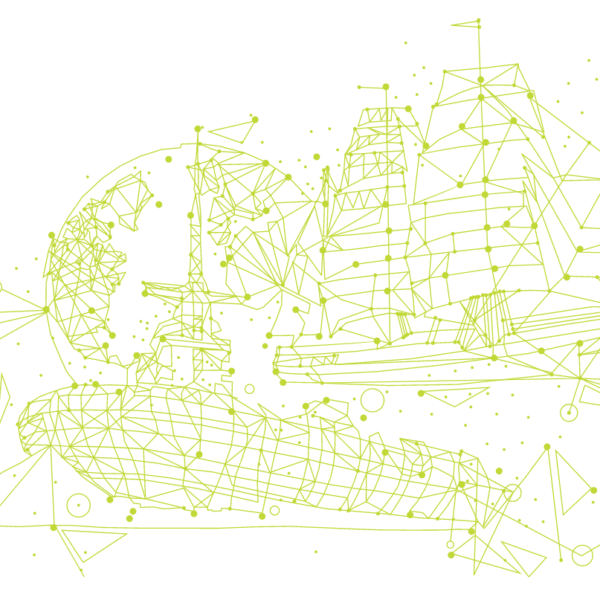 Titelbild des Logbuchs Nachhaltigkeit, schematische Darstellung eines Segelschiffes und des Klimahauses Bremerhaven
